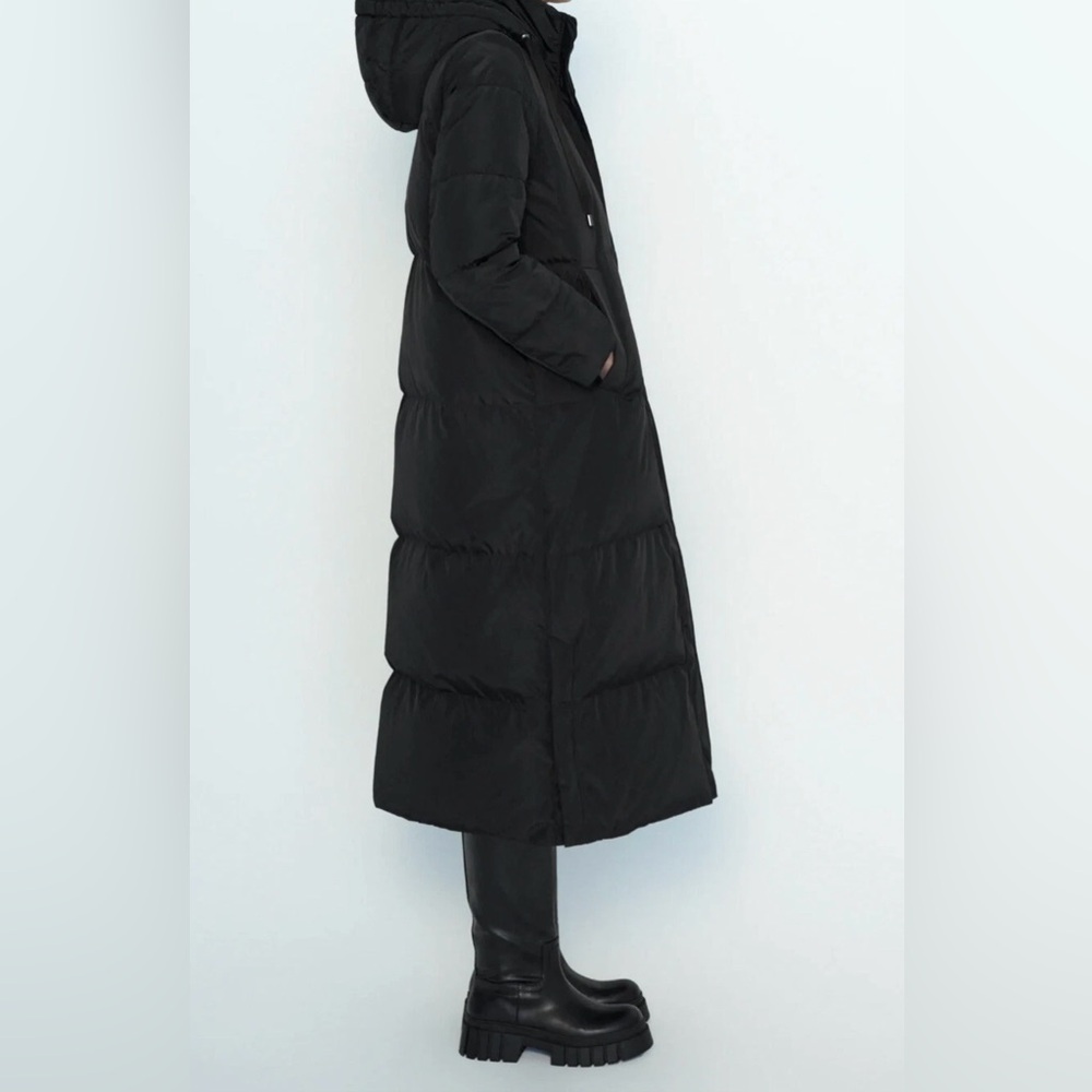 Zara Women's Black Long Down Hooded Puffer Coat - Water/Wind Res - Size: M - Picture 2 of 14